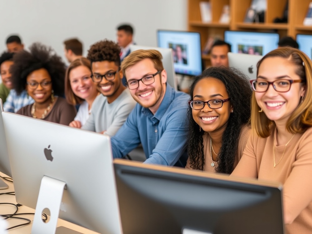 A diverse group of people sitting at computers, smiling while engaging with an online course.